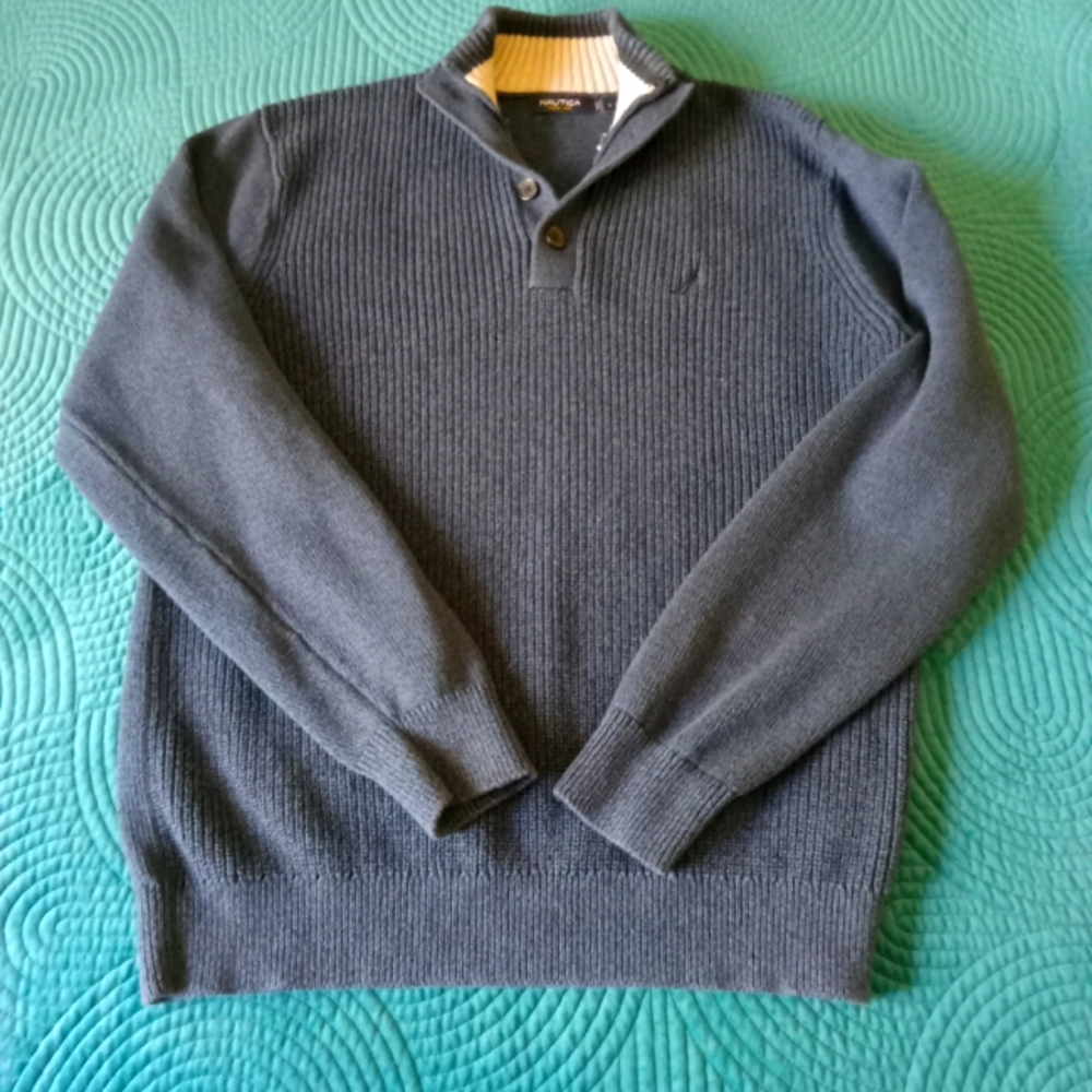 Nautica Knitted Pullover Navy/Black Quarter Button Up Sweater Mens Size Large